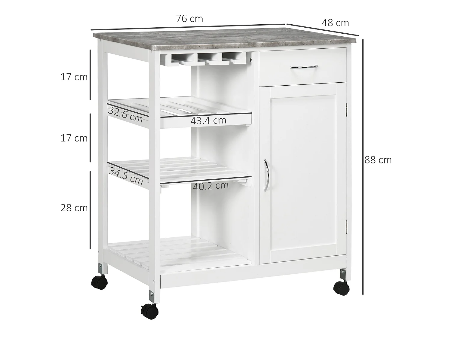 Sohavi White Kitchen Trolley with Marble Effect Top Wine Rack and Drawer