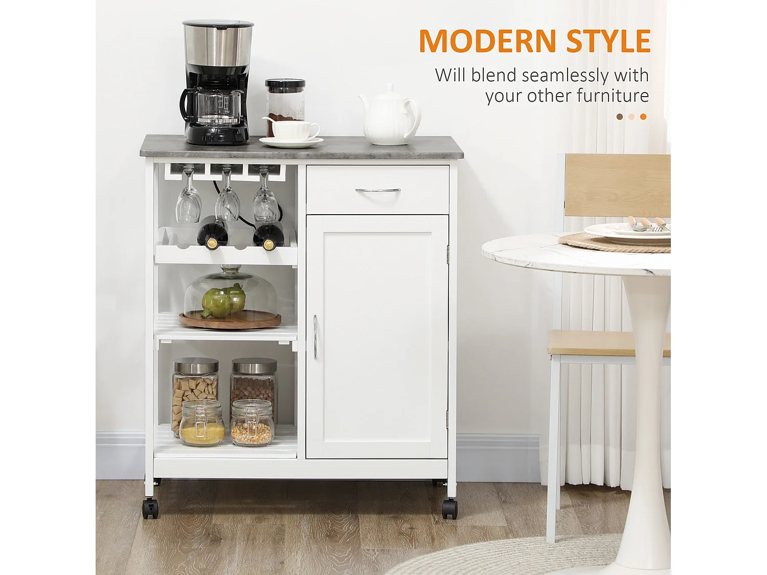 Sohavi White Kitchen Trolley with Marble Effect Top Wine Rack and Drawer