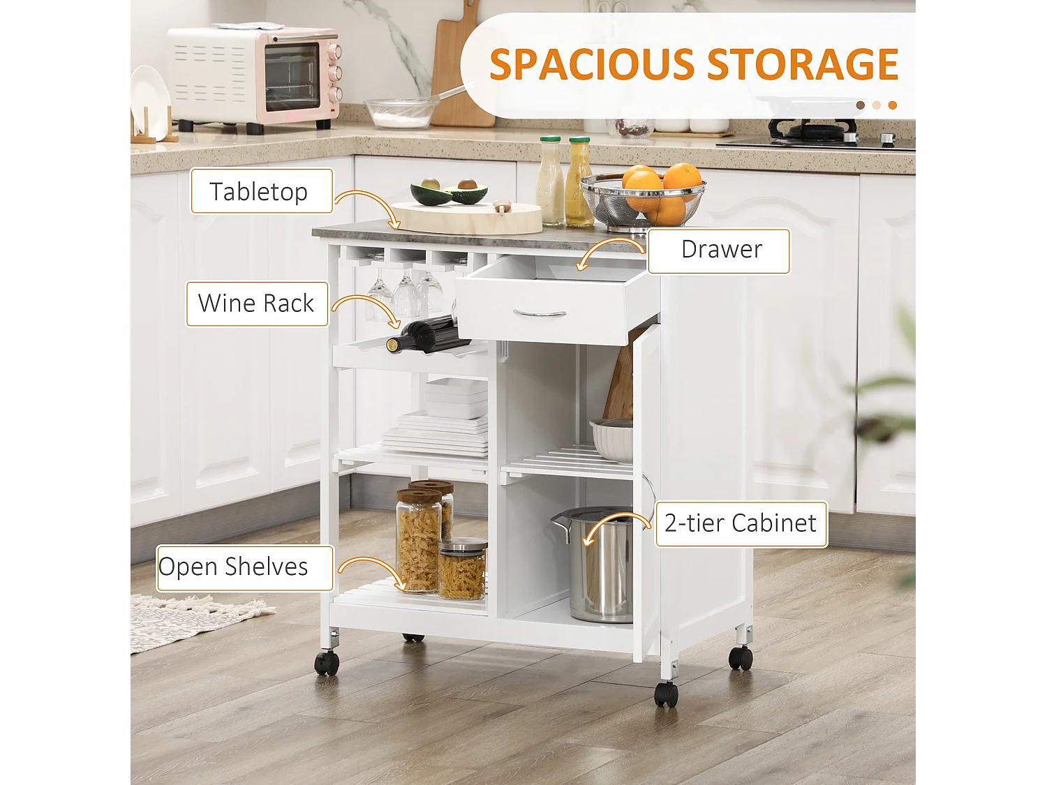 Sohavi White Kitchen Trolley with Marble Effect Top Wine Rack and Drawer