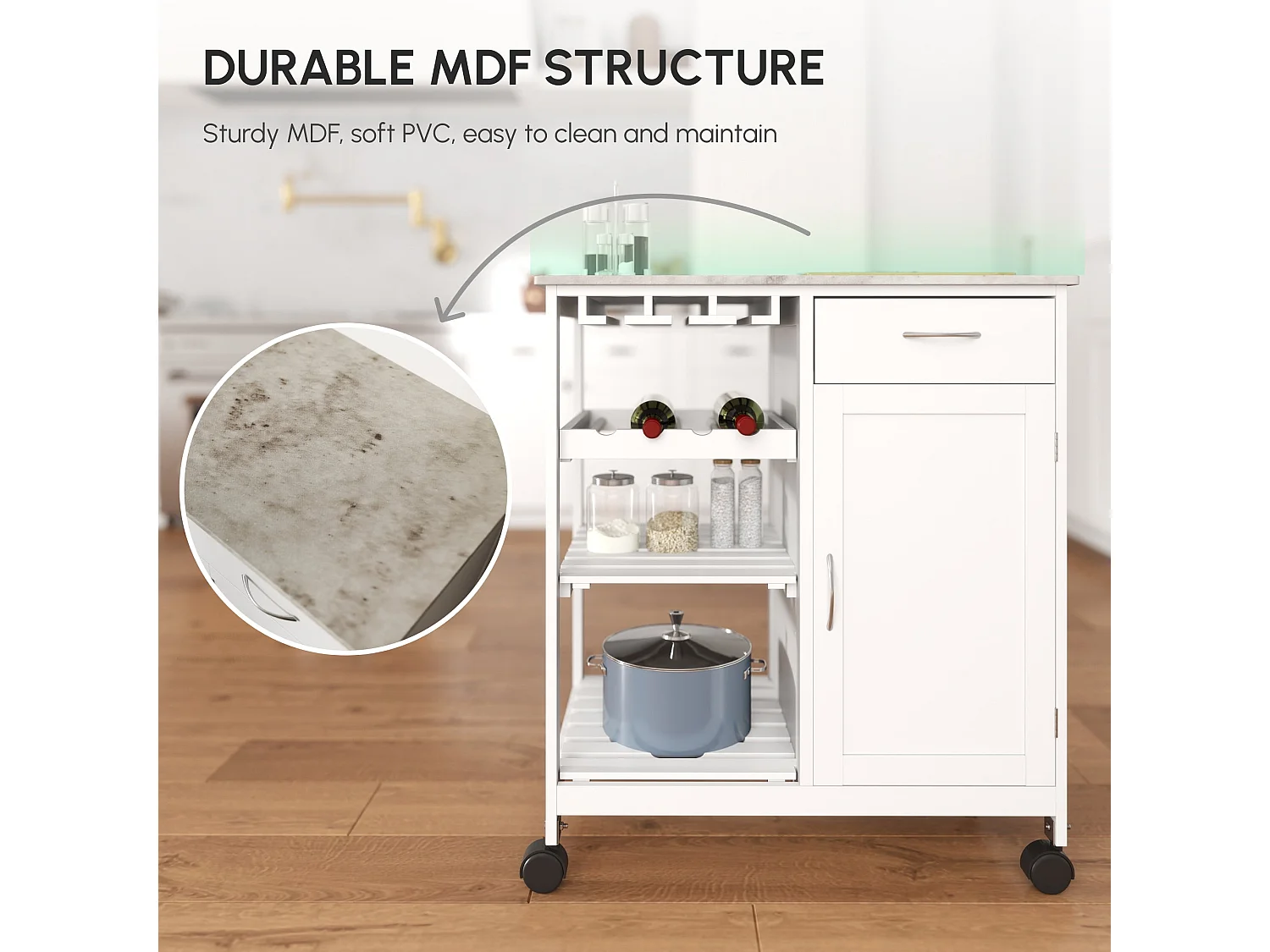 Sohavi White Kitchen Trolley with Marble Effect Top Wine Rack and Drawer