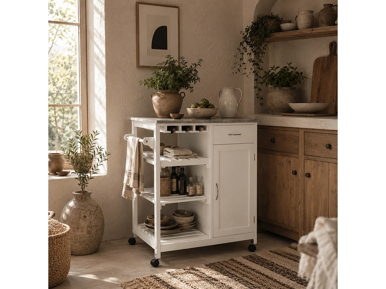 Sohavi White Kitchen Trolley with Marble Effect Top Wine Rack and Drawer
