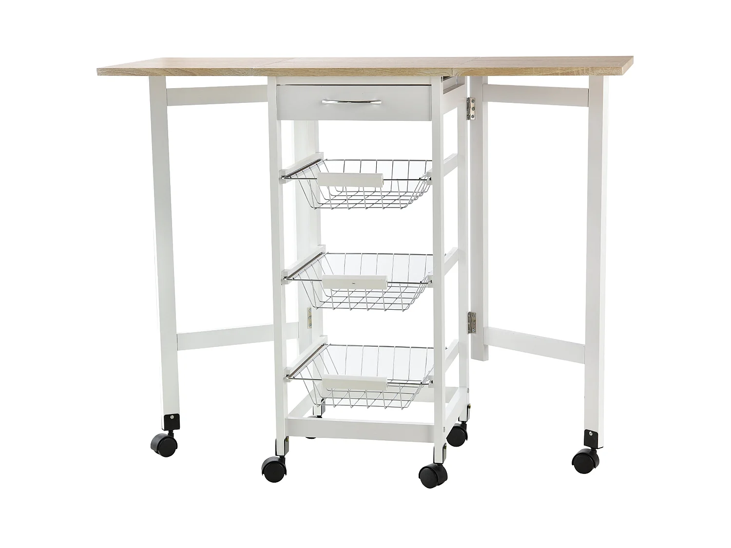 Ziha Drop Leaf Kitchen Trolley Oak Tone and White with Baskets and Wheels