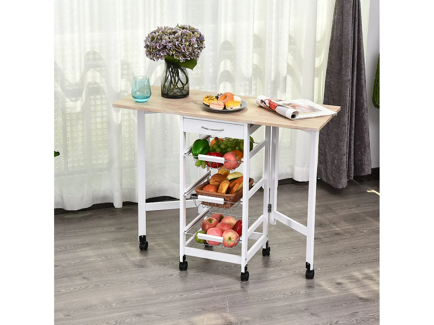 Ziha Drop Leaf Kitchen Trolley Oak Tone and White with Baskets and Wheels