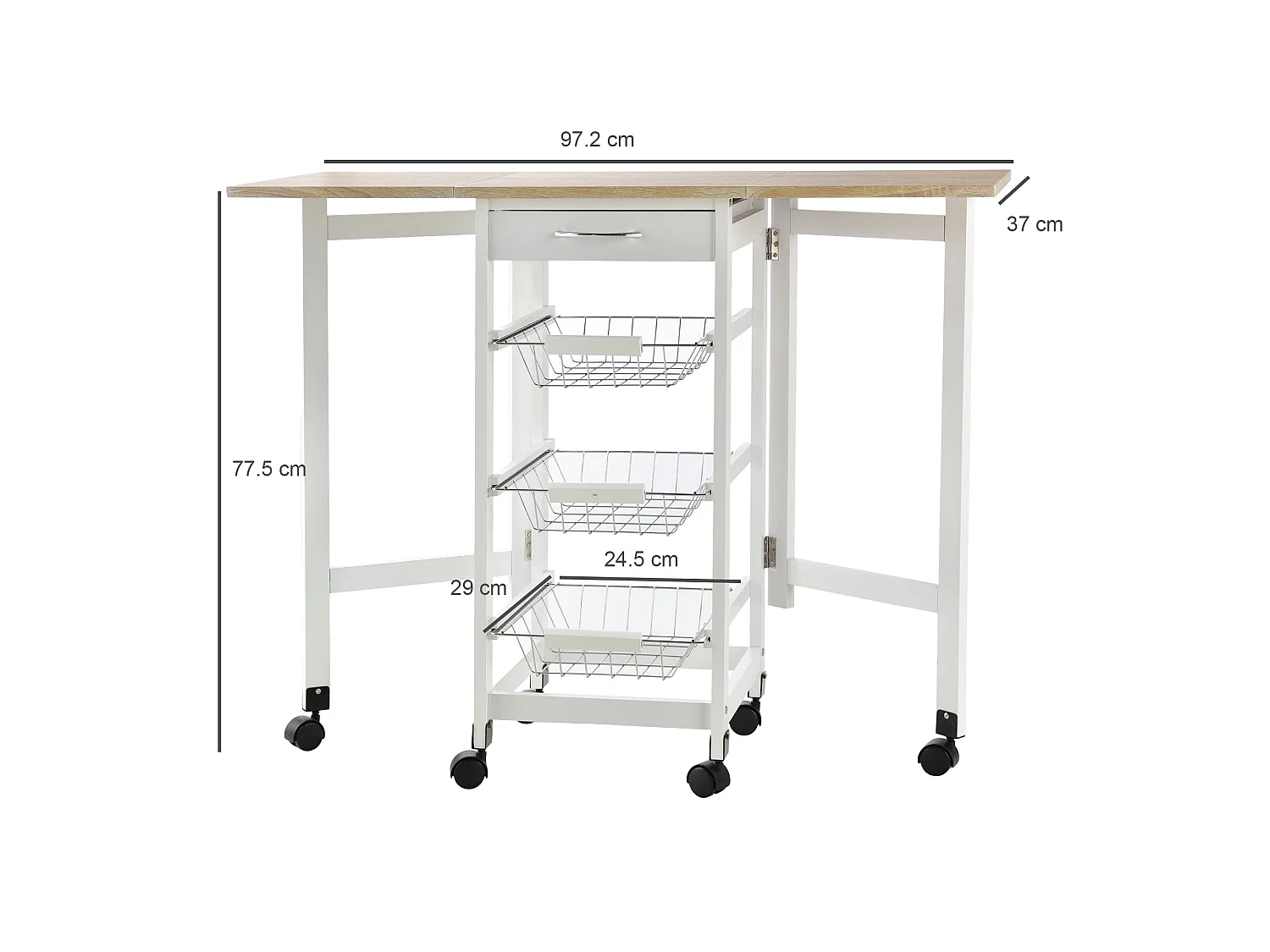 Ziha Drop Leaf Kitchen Trolley Oak Tone and White with Baskets and Wheels