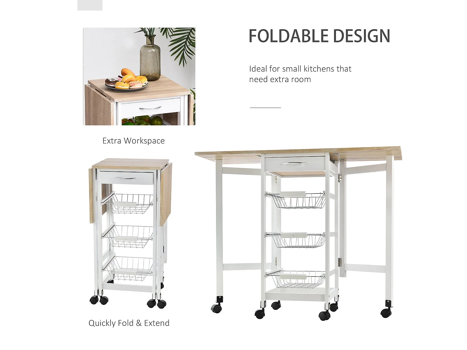 Ziha Drop Leaf Kitchen Trolley Oak Tone and White with Baskets and Wheels
