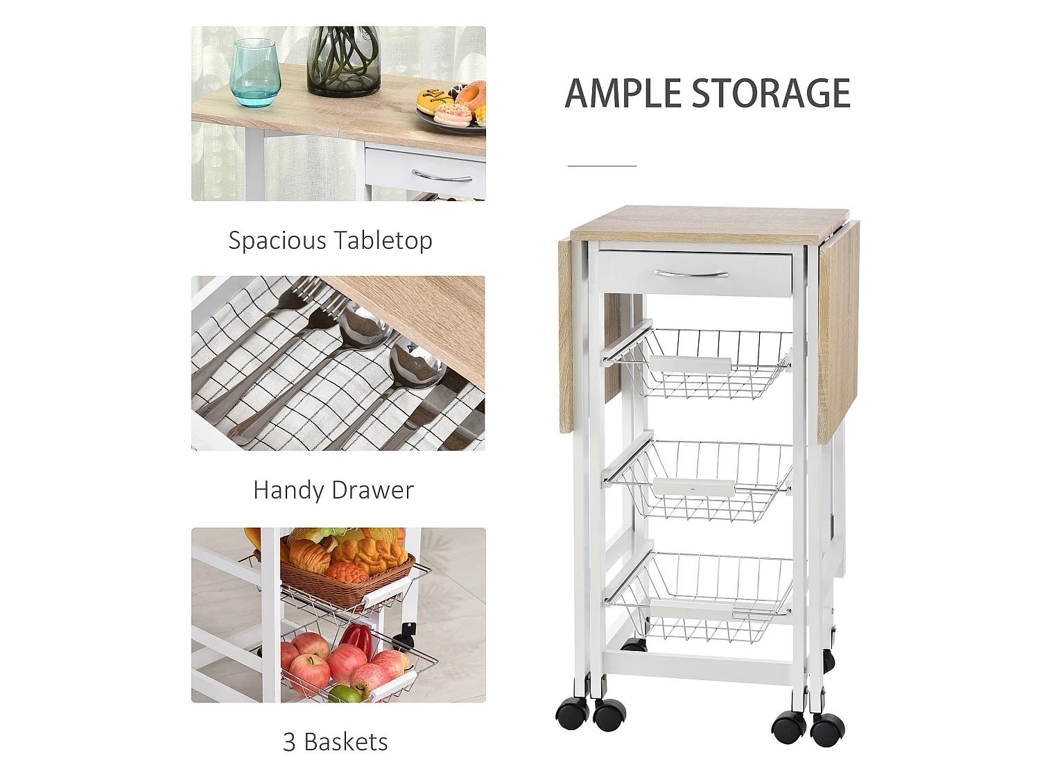 Ziha Drop Leaf Kitchen Trolley Oak Tone and White with Baskets and Wheels