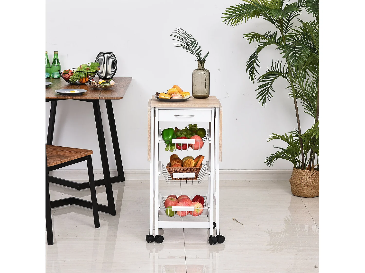 Ziha Drop Leaf Kitchen Trolley Oak Tone and White with Baskets and Wheels