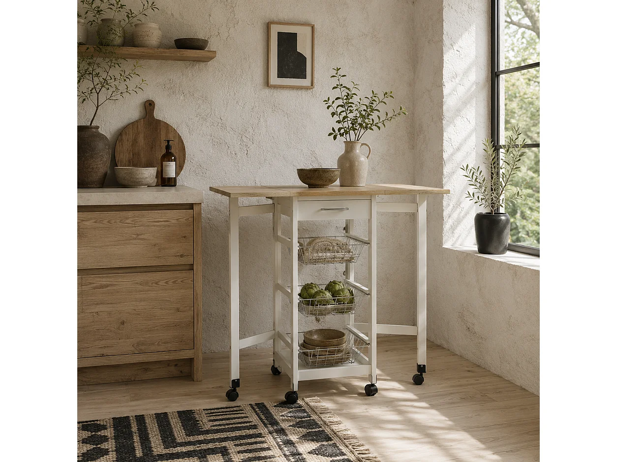 Ziha Drop Leaf Kitchen Trolley Oak Tone and White with Baskets and Wheels