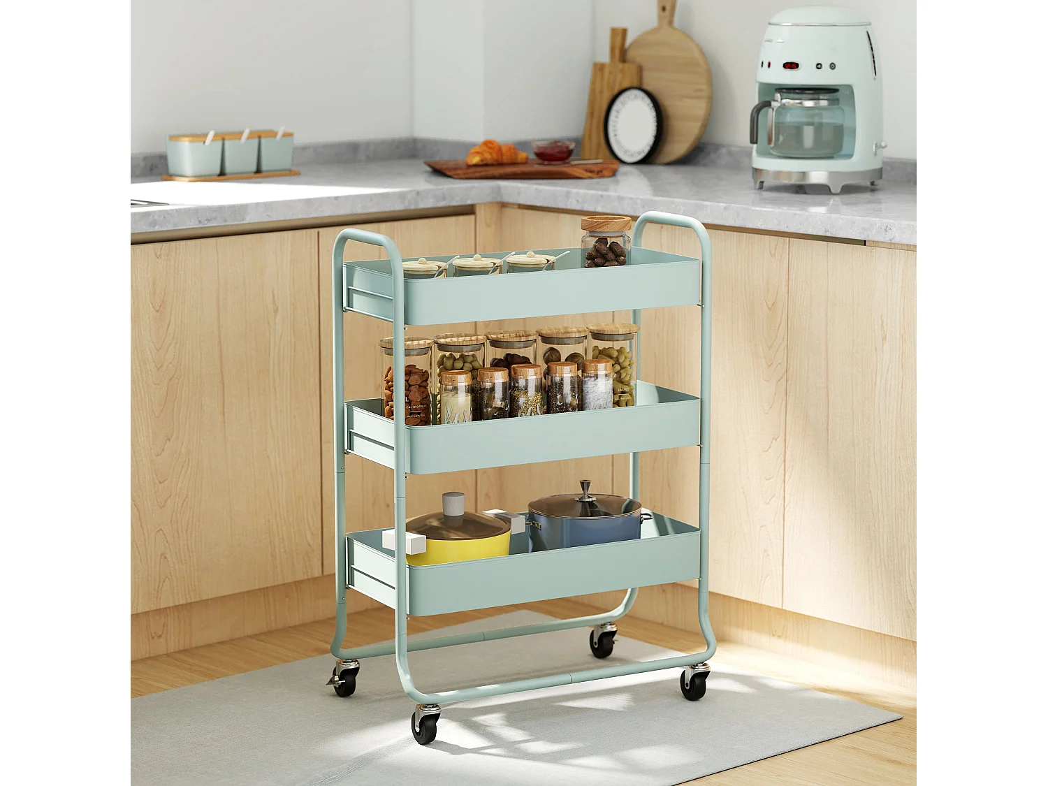Nokeyo Light Green 3 Tier Rolling Utility Trolley with Mesh Baskets