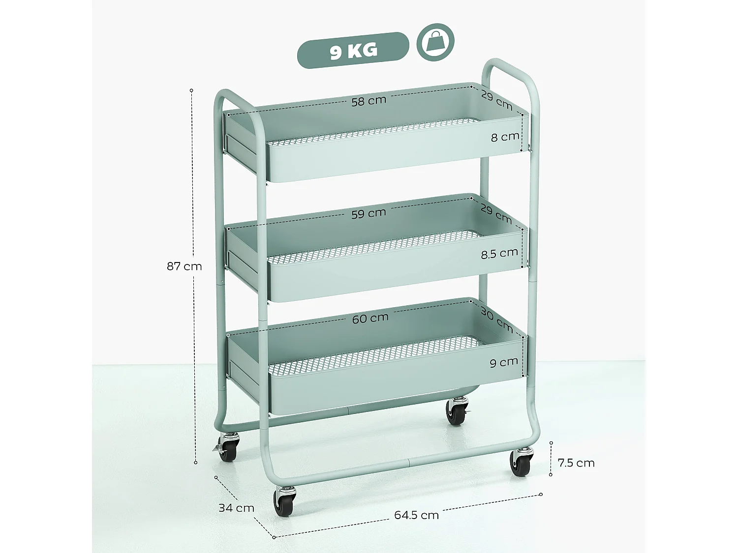 Nokeyo Light Green 3 Tier Rolling Utility Trolley with Mesh Baskets