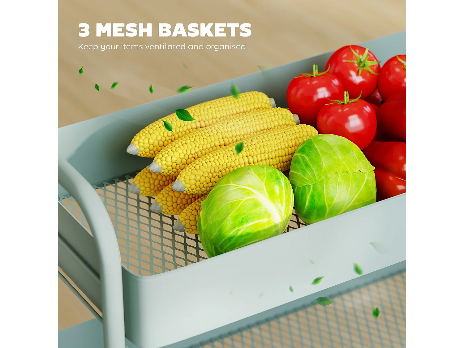 Nokeyo Light Green 3 Tier Rolling Utility Trolley with Mesh Baskets