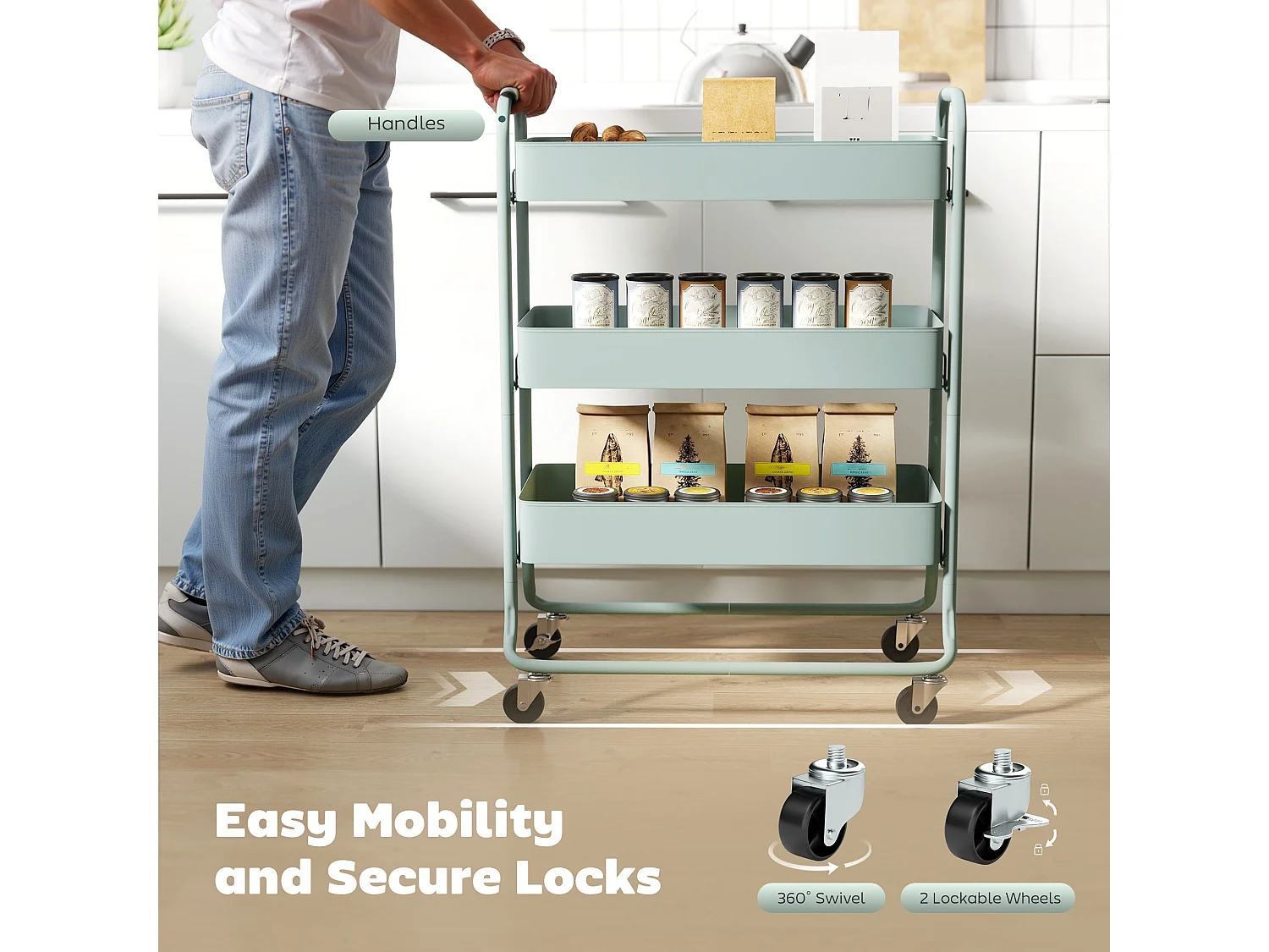 Nokeyo Light Green 3 Tier Rolling Utility Trolley with Mesh Baskets