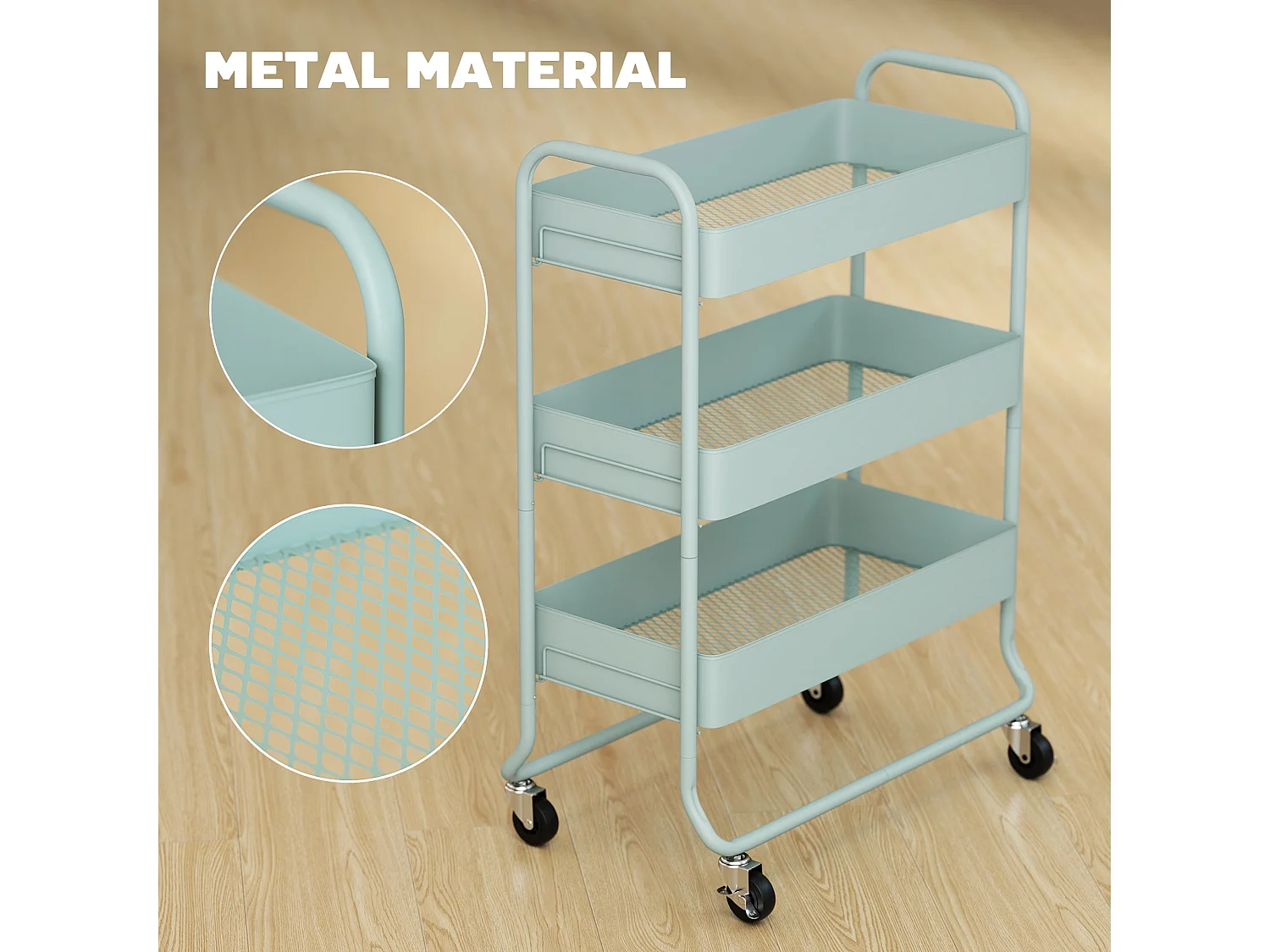 Nokeyo Light Green 3 Tier Rolling Utility Trolley with Mesh Baskets
