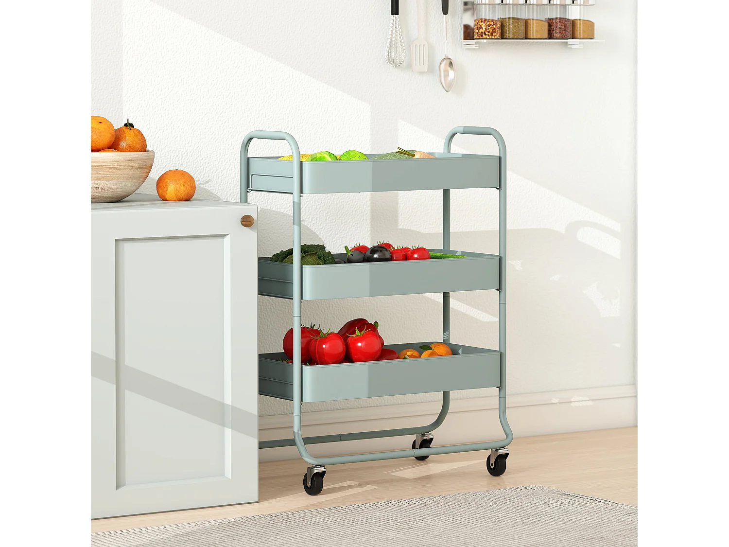 Nokeyo Light Green 3 Tier Rolling Utility Trolley with Mesh Baskets