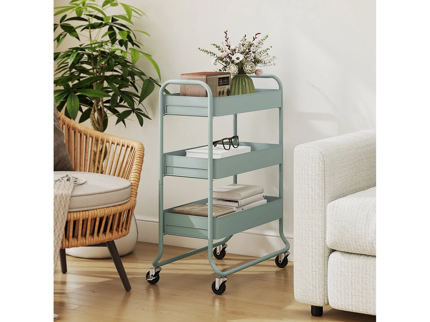 Nokeyo Light Green 3 Tier Rolling Utility Trolley with Mesh Baskets