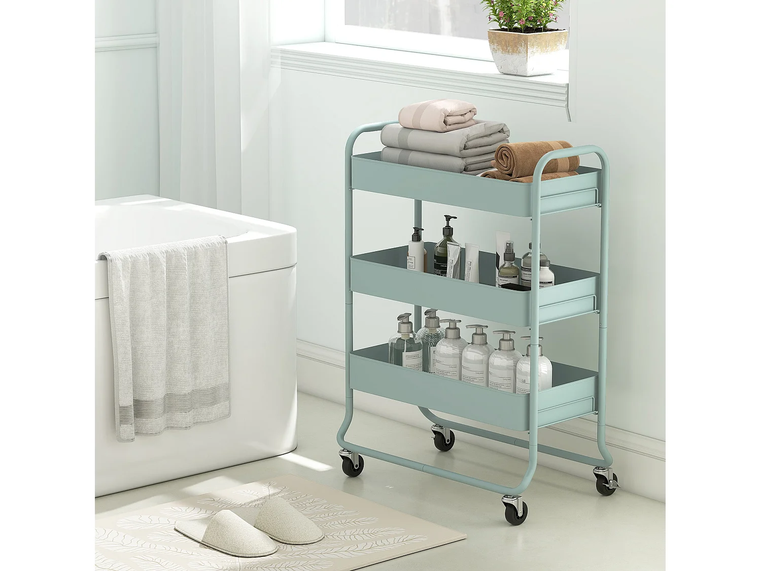 Nokeyo Light Green 3 Tier Rolling Utility Trolley with Mesh Baskets
