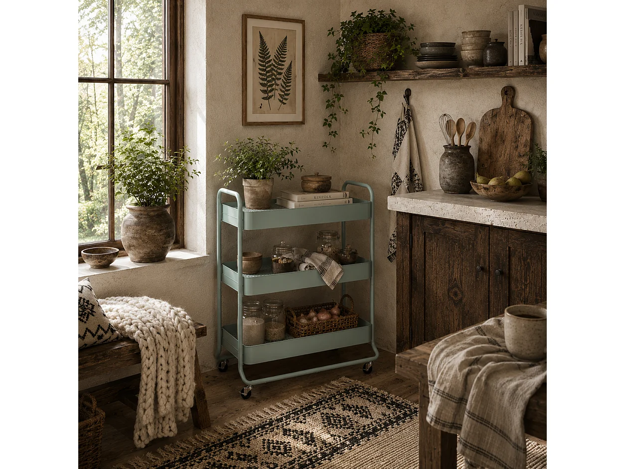 Nokeyo Light Green 3 Tier Rolling Utility Trolley with Mesh Baskets