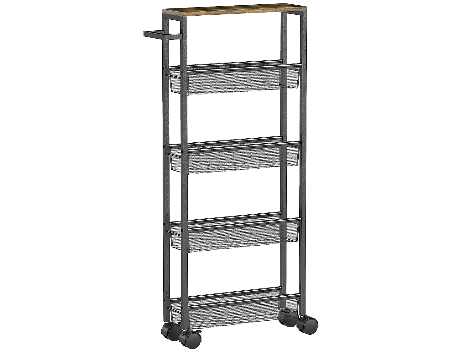 Raelno 5 Tier Slim Storage Trolley 13cm Wide Black Metal with Wood Effect Top