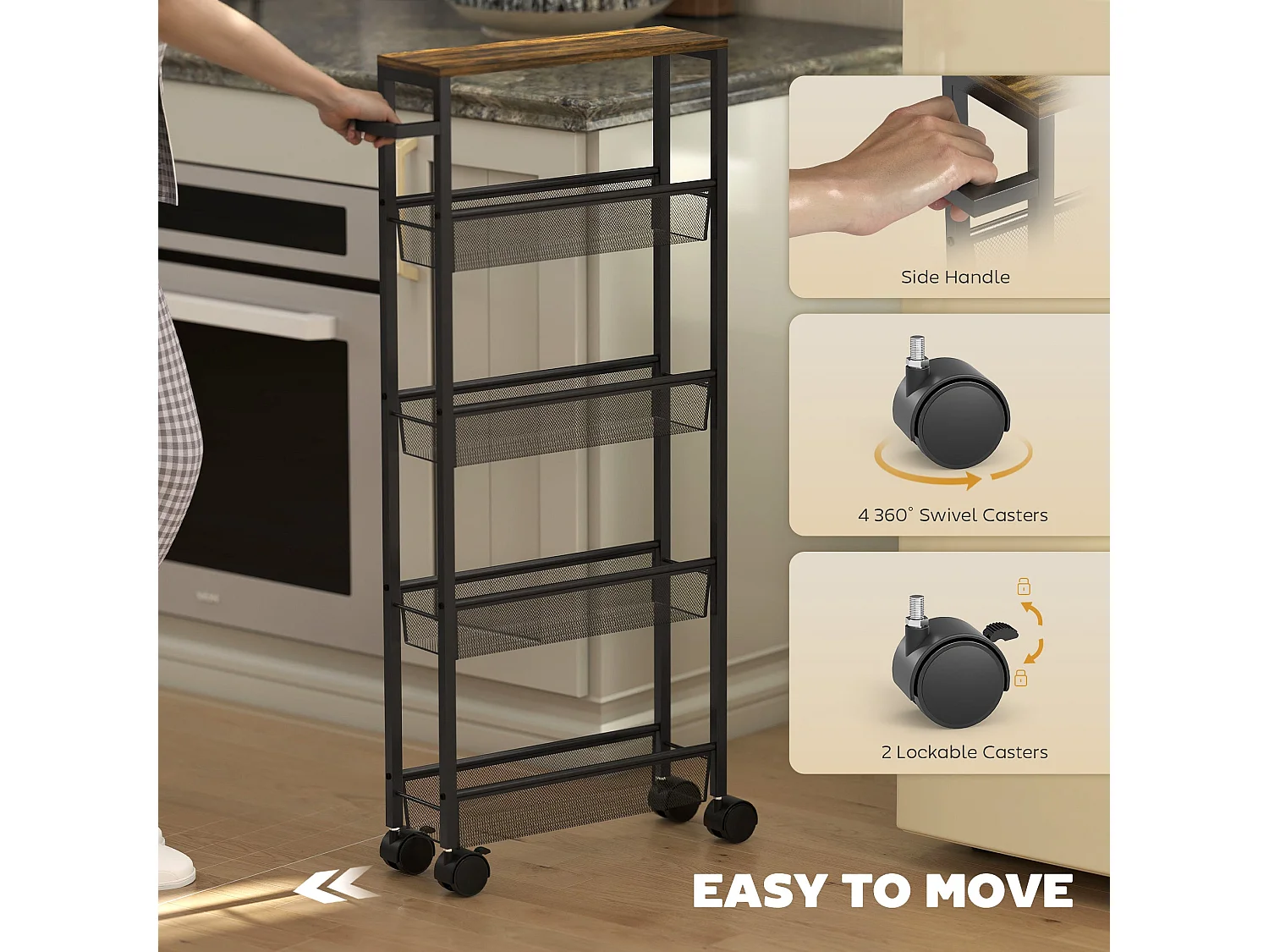 Raelno 5 Tier Slim Storage Trolley 13cm Wide Black Metal with Wood Effect Top