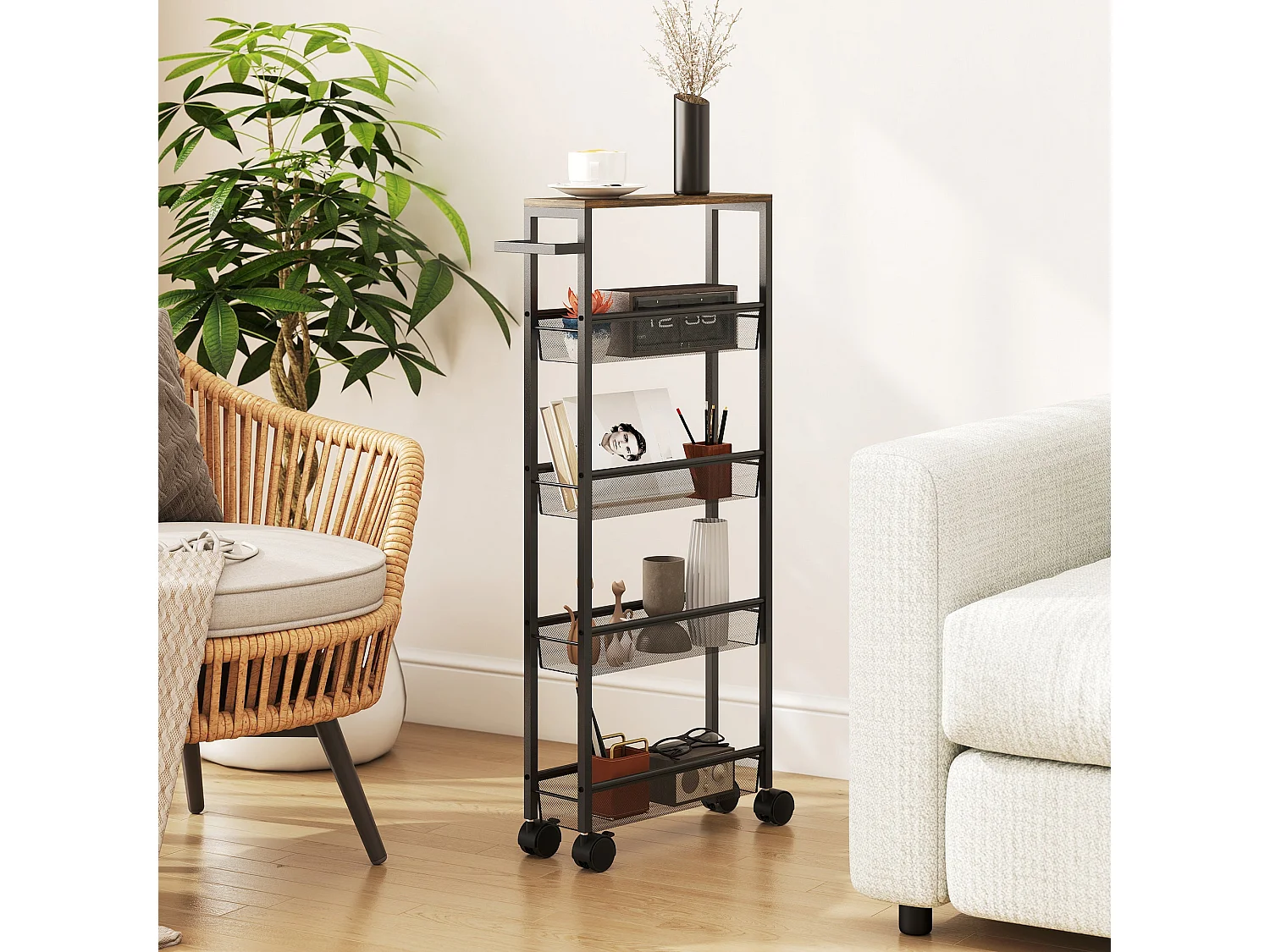 Raelno 5 Tier Slim Storage Trolley 13cm Wide Black Metal with Wood Effect Top