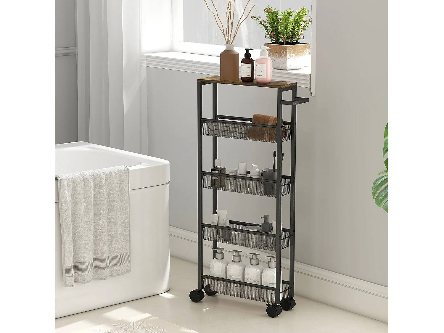 Raelno 5 Tier Slim Storage Trolley 13cm Wide Black Metal with Wood Effect Top