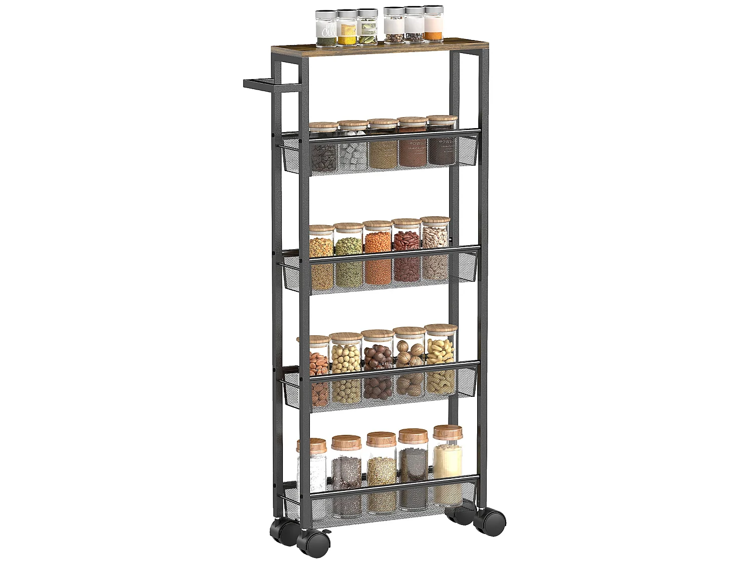 Raelno 5 Tier Slim Storage Trolley 13cm Wide Black Metal with Wood Effect Top