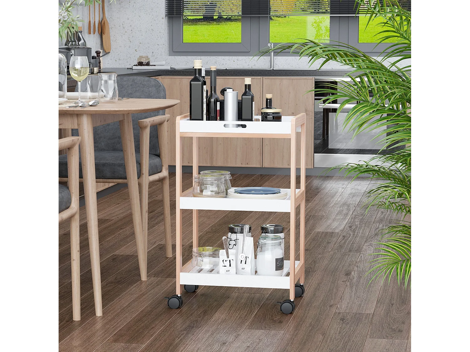 Vesa Wooden 3 Tier Mobile Kitchen Trolley White and Natural Wood 46x35x74.5cm