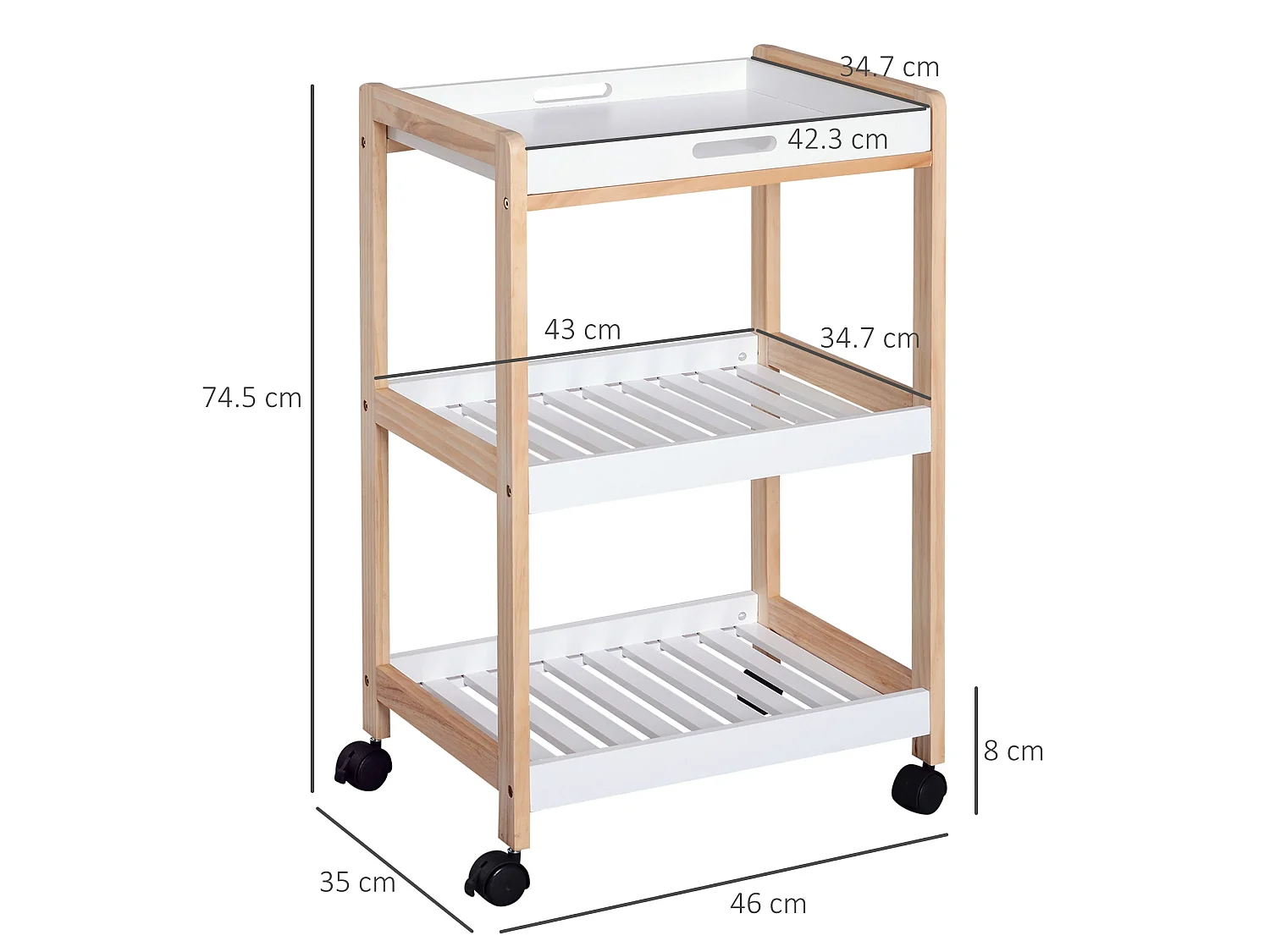 Vesa Wooden 3 Tier Mobile Kitchen Trolley White and Natural Wood 46x35x74.5cm