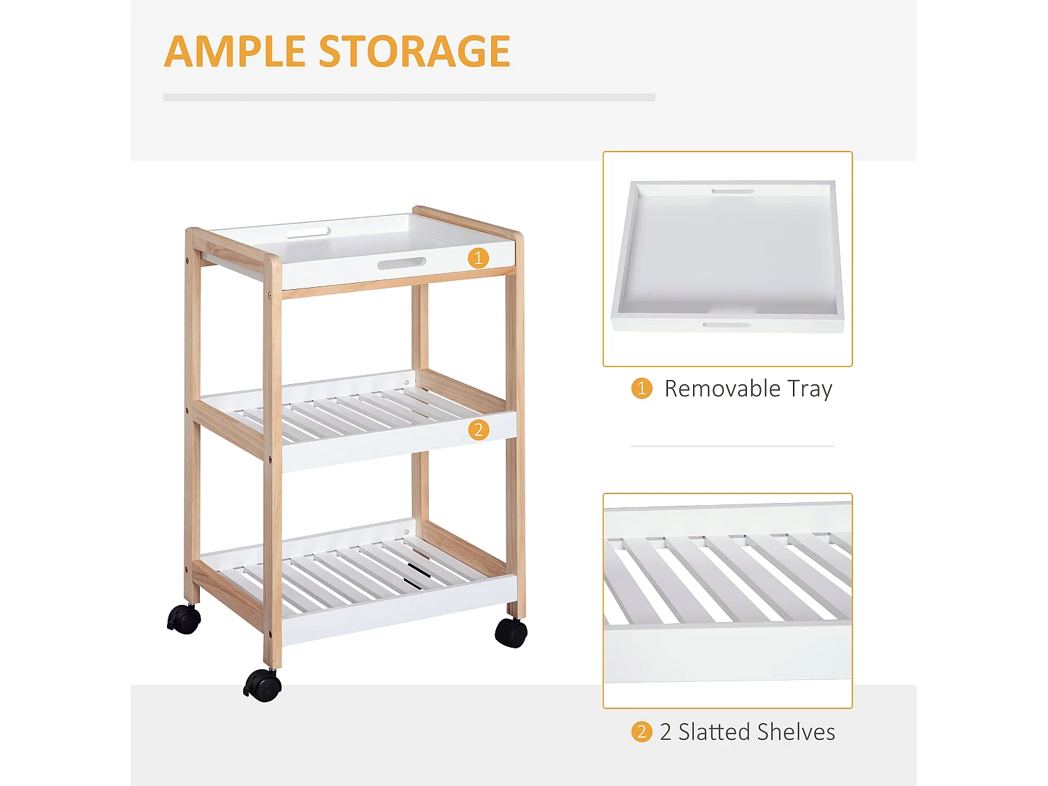 Vesa Wooden 3 Tier Mobile Kitchen Trolley White and Natural Wood 46x35x74.5cm