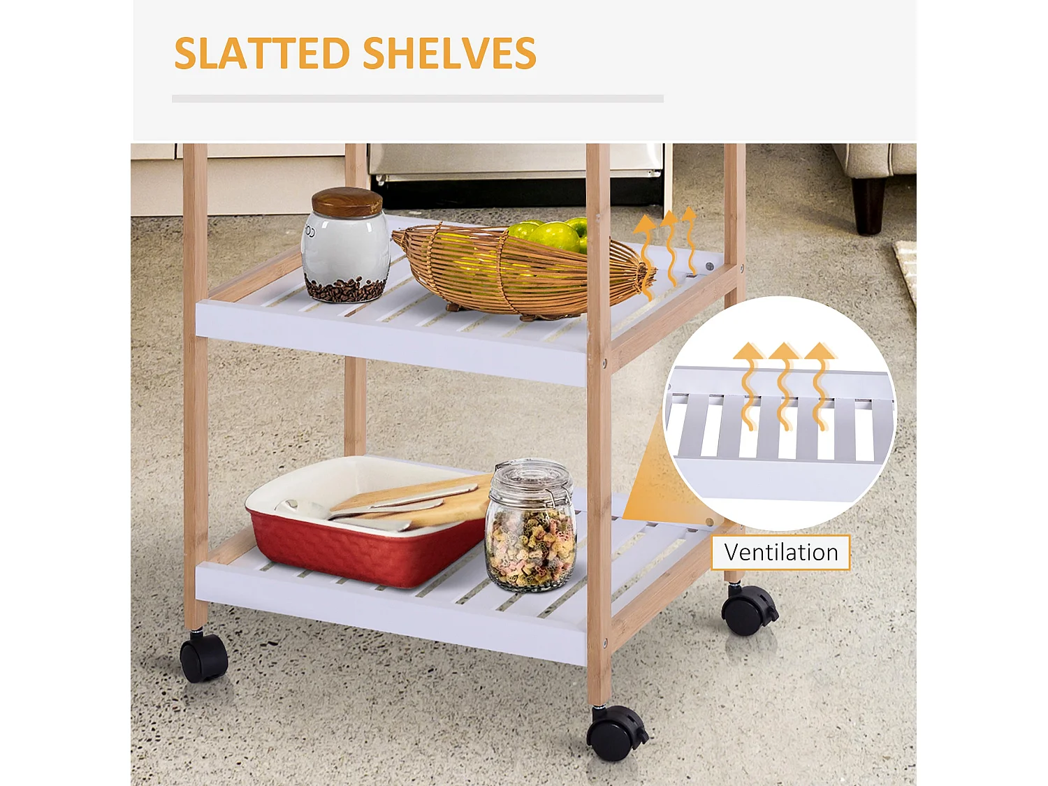 Vesa Wooden 3 Tier Mobile Kitchen Trolley White and Natural Wood 46x35x74.5cm