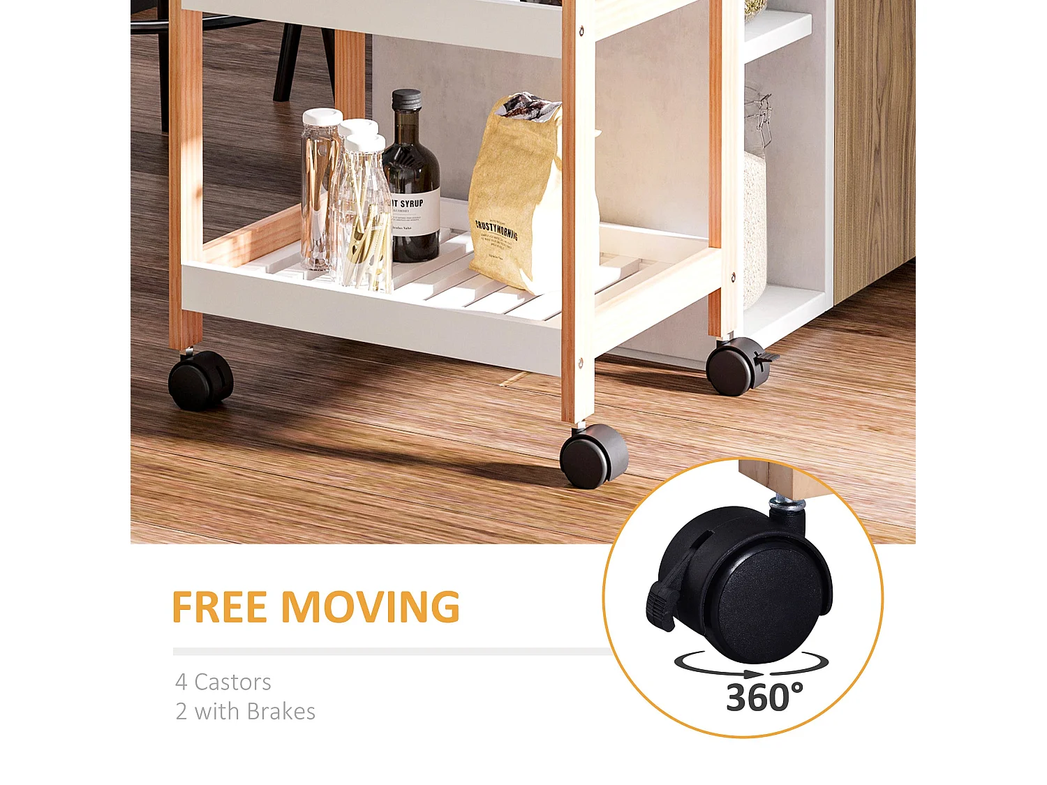 Vesa Wooden 3 Tier Mobile Kitchen Trolley White and Natural Wood 46x35x74.5cm