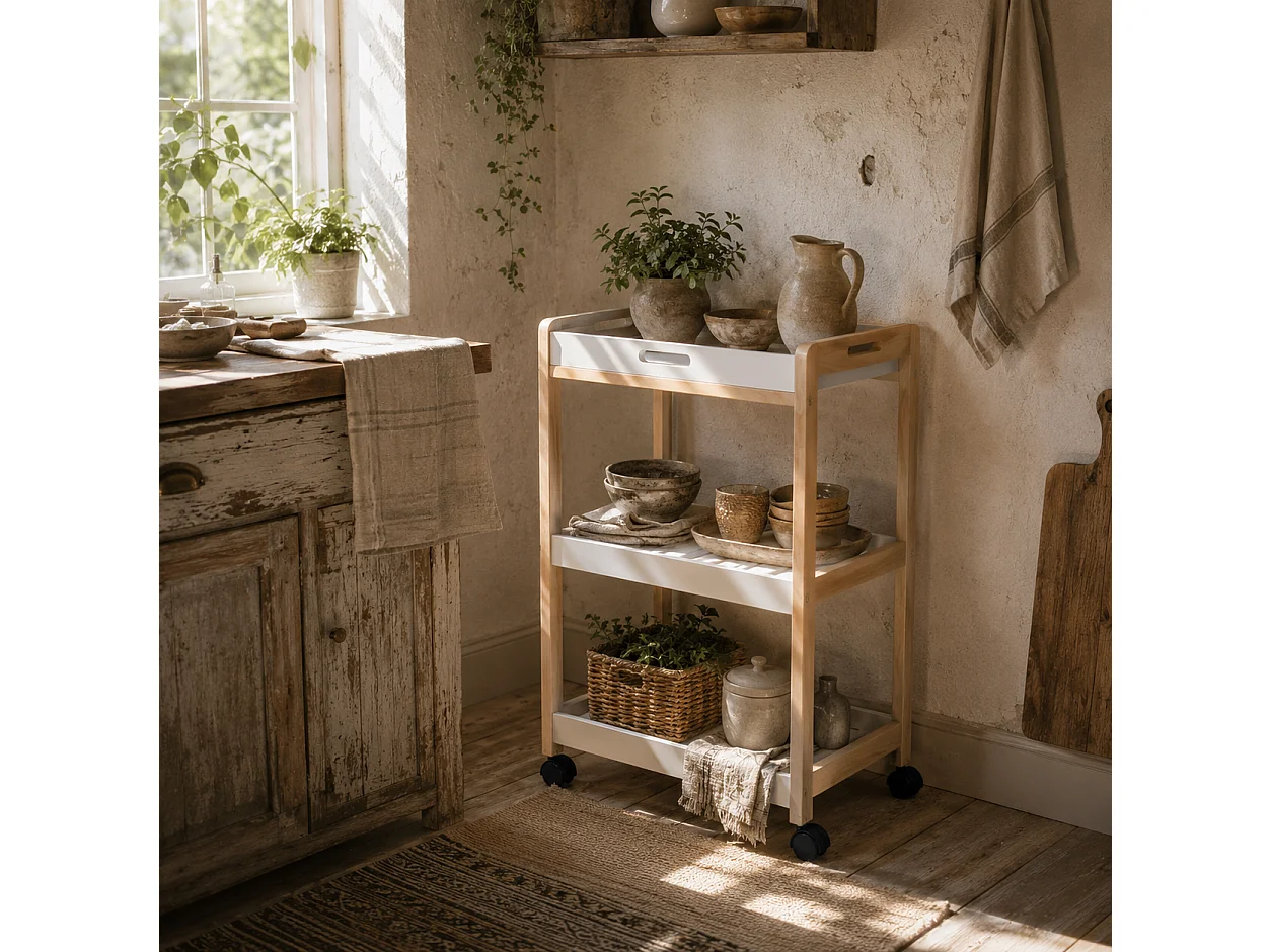 Vesa Wooden 3 Tier Mobile Kitchen Trolley White and Natural Wood 46x35x74.5cm
