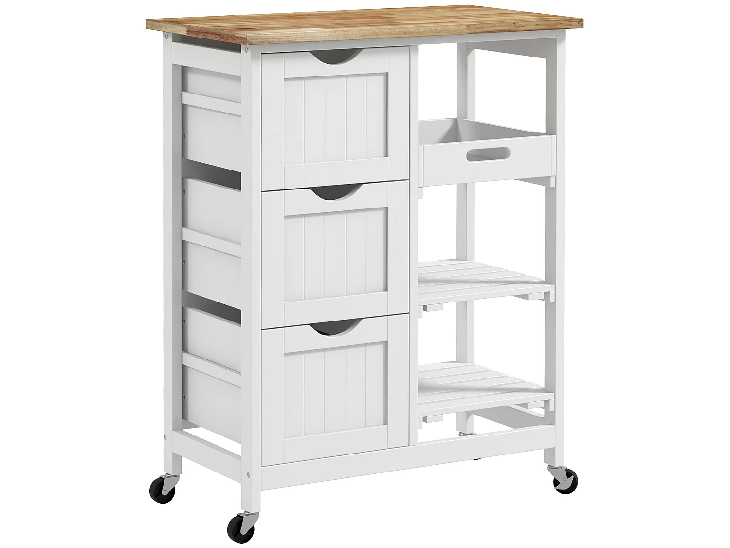 Compact Rolling Kitchen Cart with Rubberwood Top 3 Drawers 2 Shelves