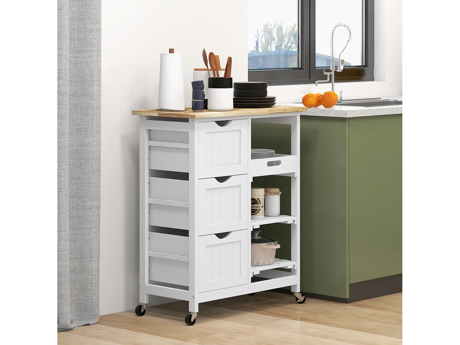 Compact Rolling Kitchen Cart with Rubberwood Top 3 Drawers 2 Shelves