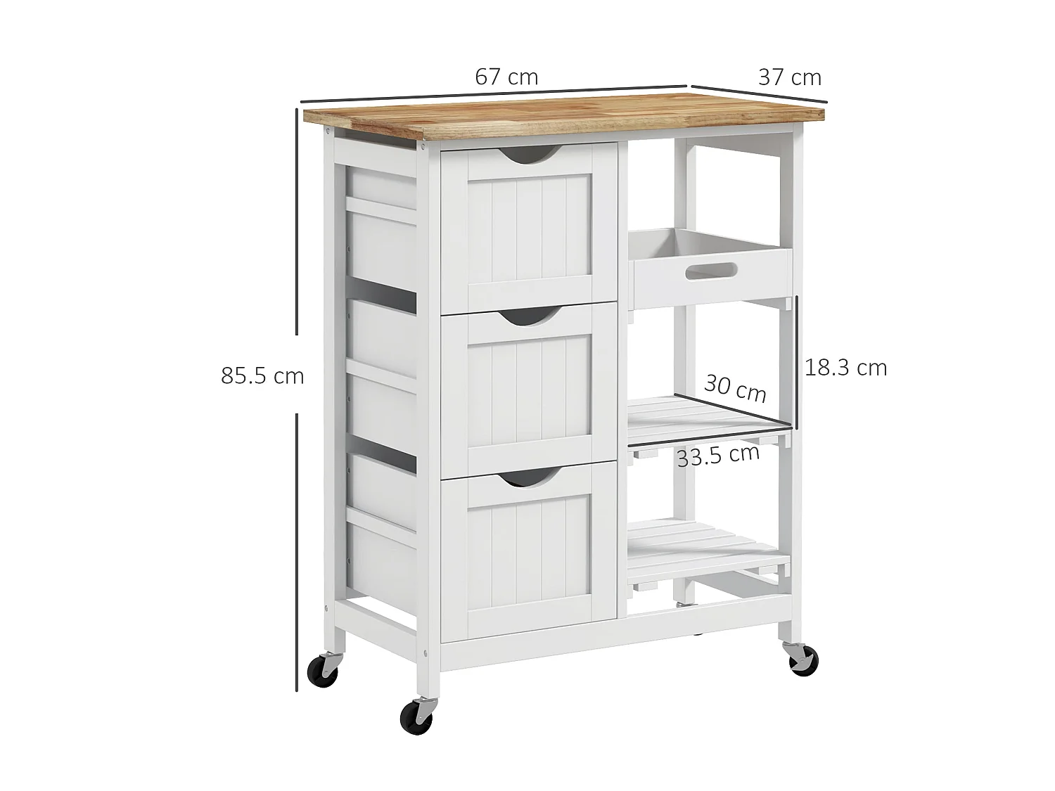 Compact Rolling Kitchen Cart with Rubberwood Top 3 Drawers 2 Shelves