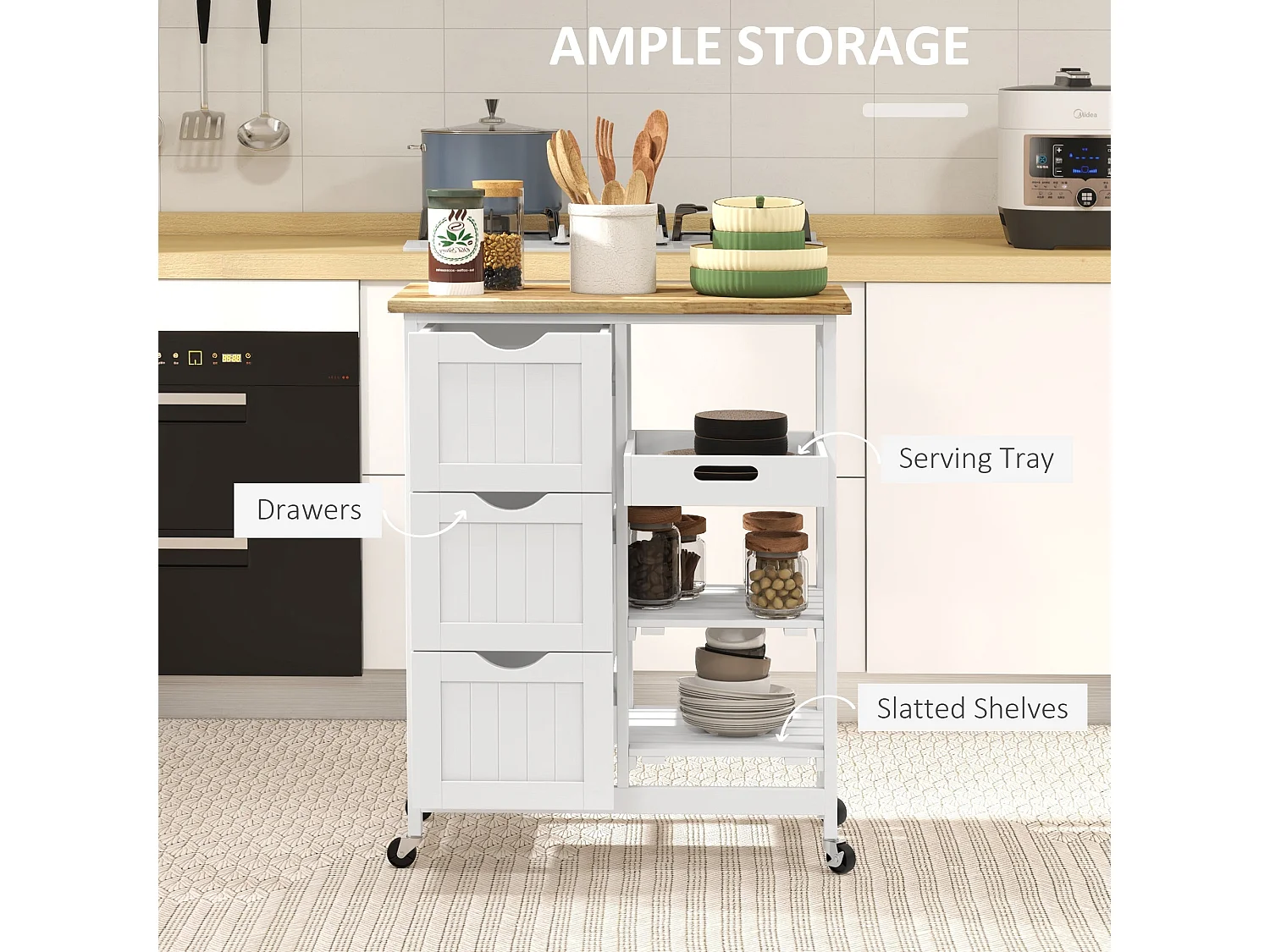 Compact Rolling Kitchen Cart with Rubberwood Top 3 Drawers 2 Shelves