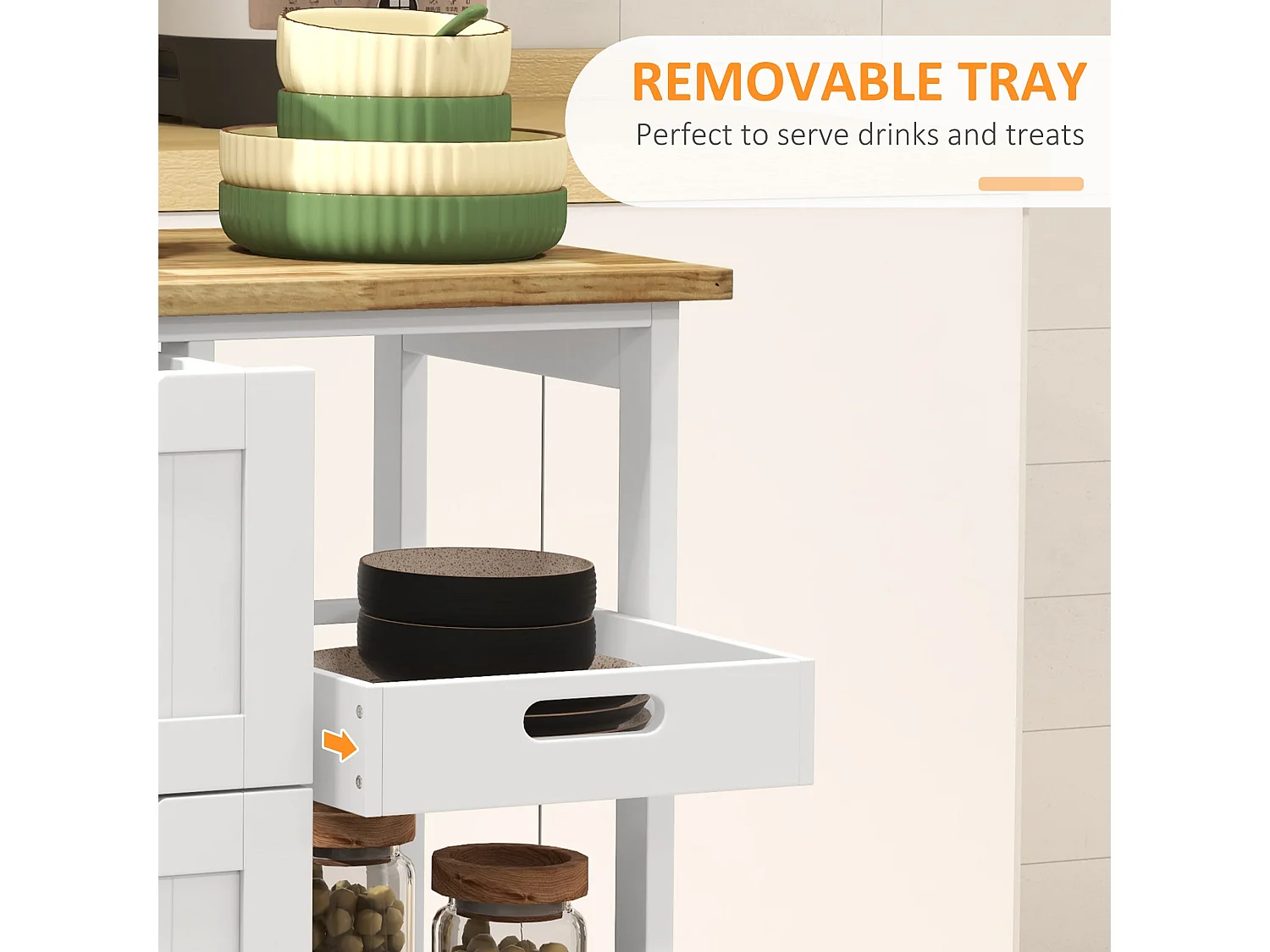 Compact Rolling Kitchen Cart with Rubberwood Top 3 Drawers 2 Shelves