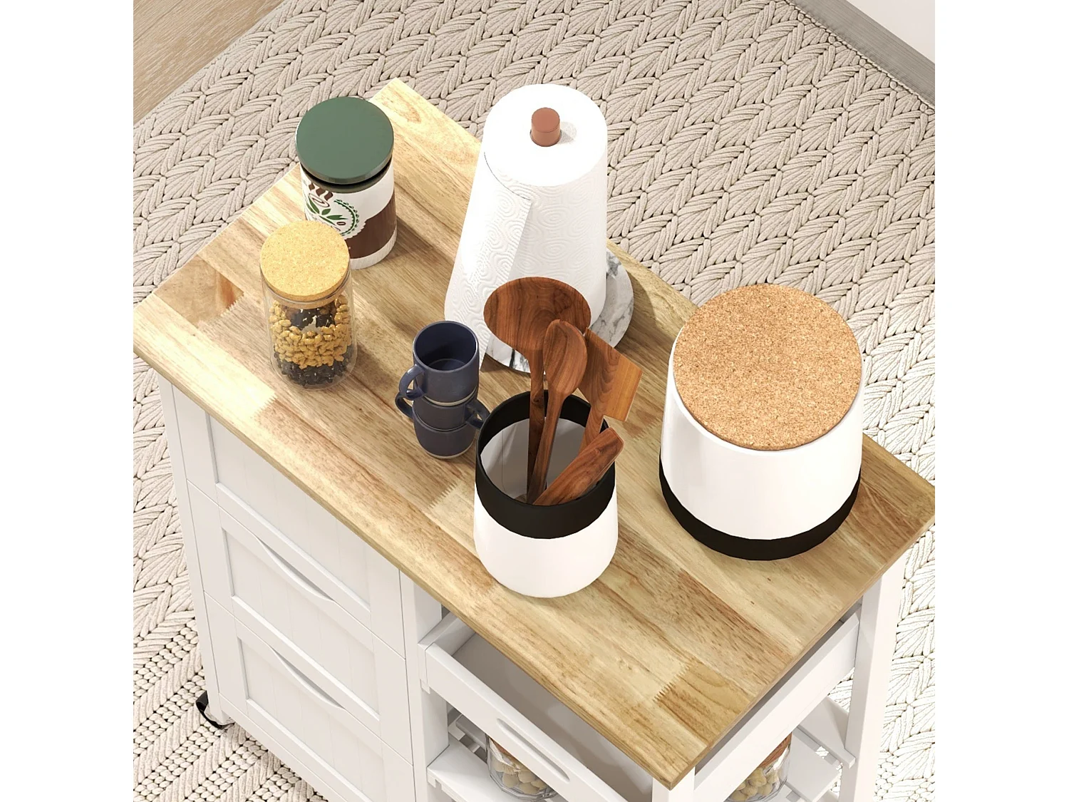 Compact Rolling Kitchen Cart with Rubberwood Top 3 Drawers 2 Shelves