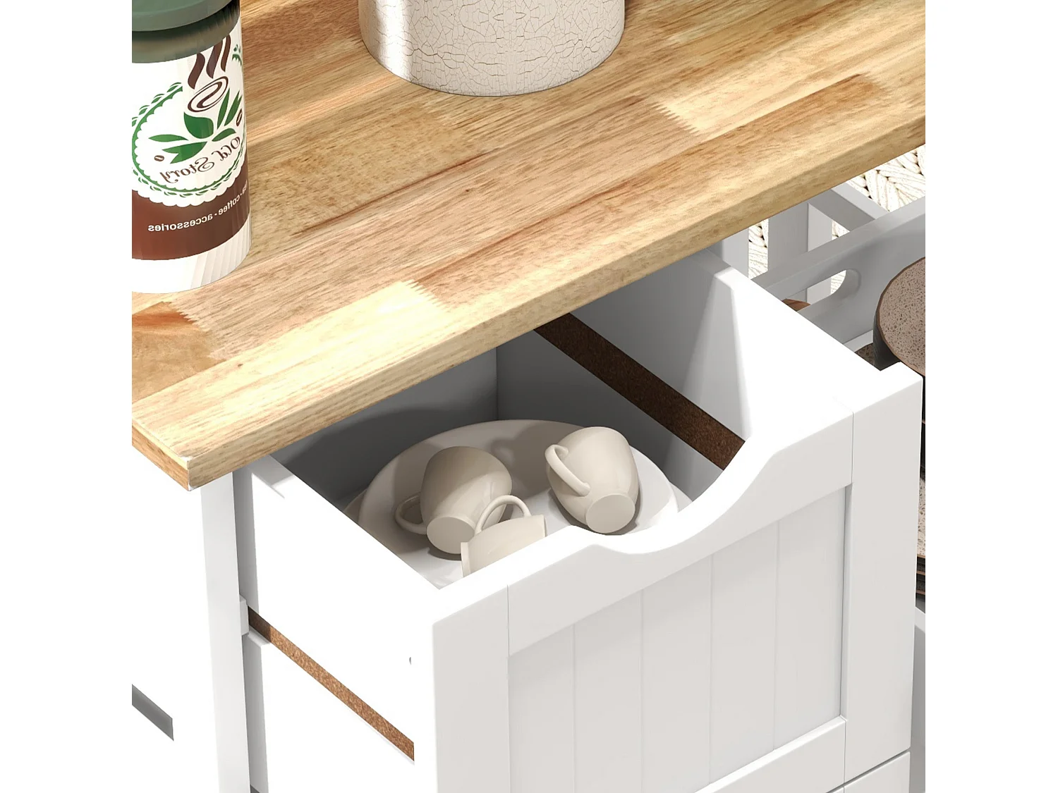 Compact Rolling Kitchen Cart with Rubberwood Top 3 Drawers 2 Shelves