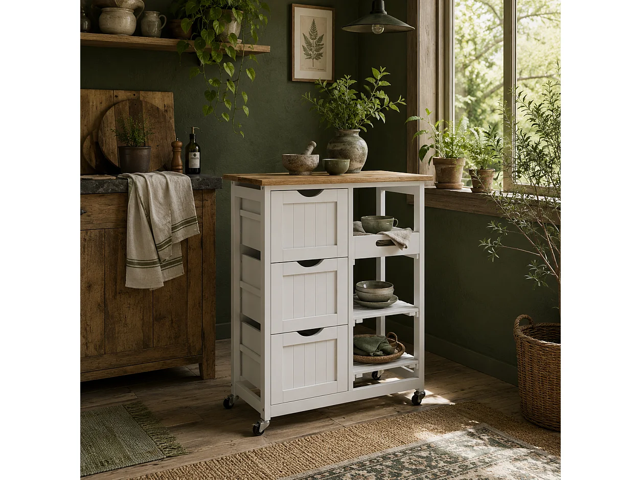 Compact Rolling Kitchen Cart with Rubberwood Top 3 Drawers 2 Shelves