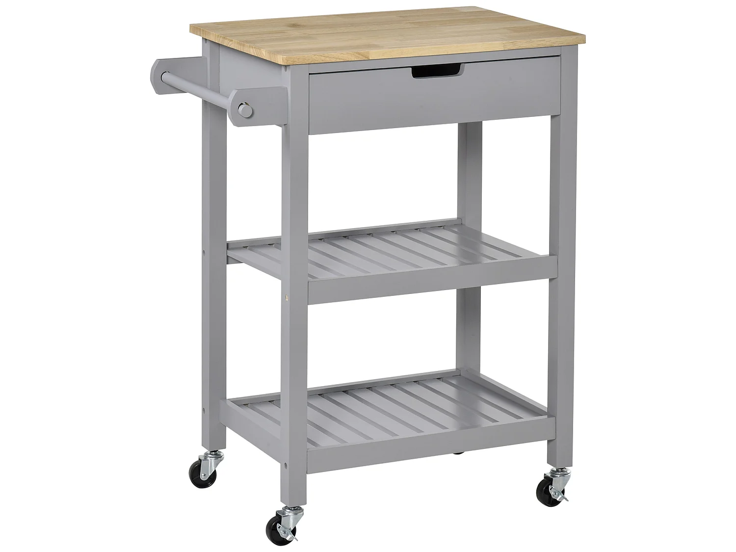 Vena Wooden Grey and Natural Kitchen Trolley Rubberwood Worktop Drawer and Shelves