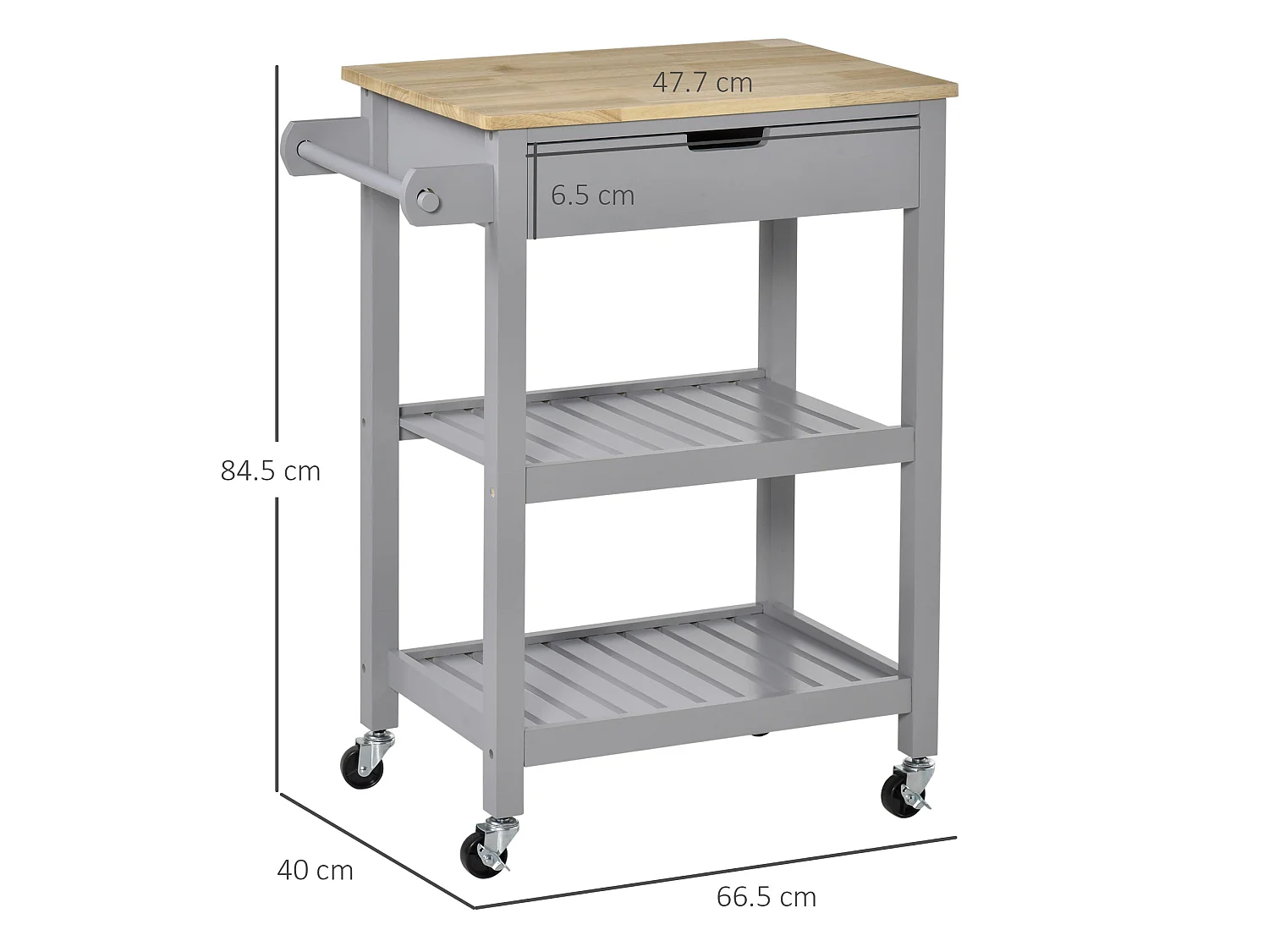 Vena Wooden Grey and Natural Kitchen Trolley Rubberwood Worktop Drawer and Shelves