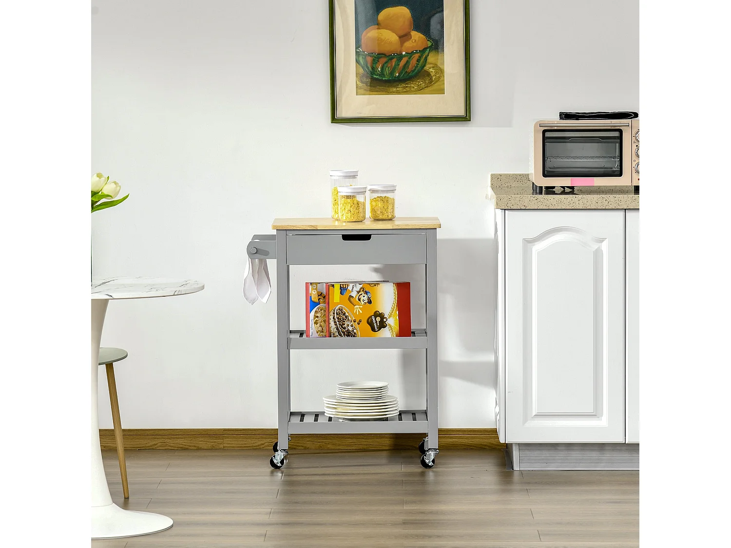 Vena Wooden Grey and Natural Kitchen Trolley Rubberwood Worktop Drawer and Shelves