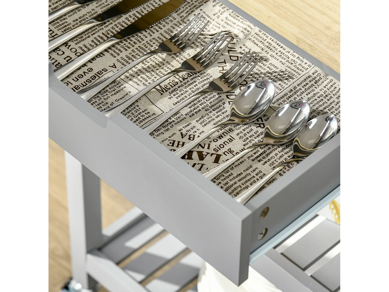 Vena Wooden Grey and Natural Kitchen Trolley Rubberwood Worktop Drawer and Shelves