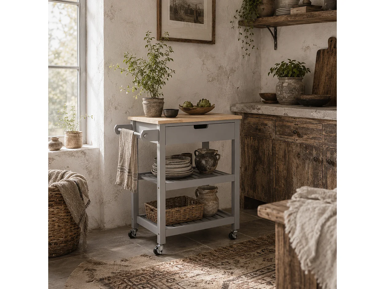 Vena Wooden Grey and Natural Kitchen Trolley Rubberwood Worktop Drawer and Shelves