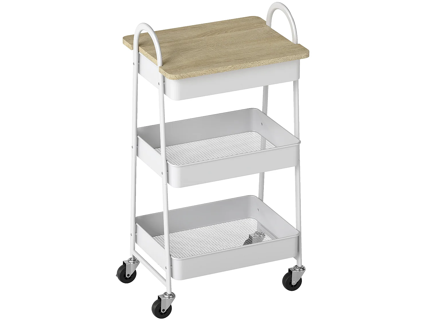 Satoro 3 Tier Rolling Trolley White Metal Frame Oak Effect Top