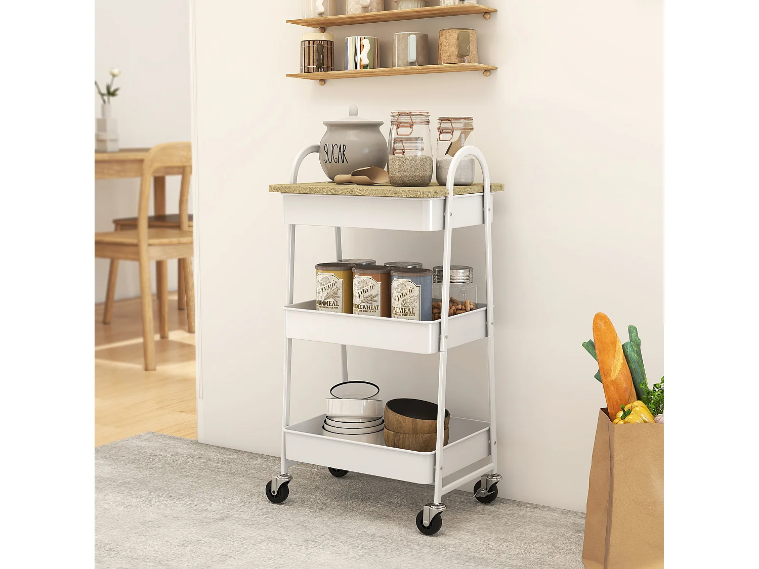Satoro 3 Tier Rolling Trolley White Metal Frame Oak Effect Top