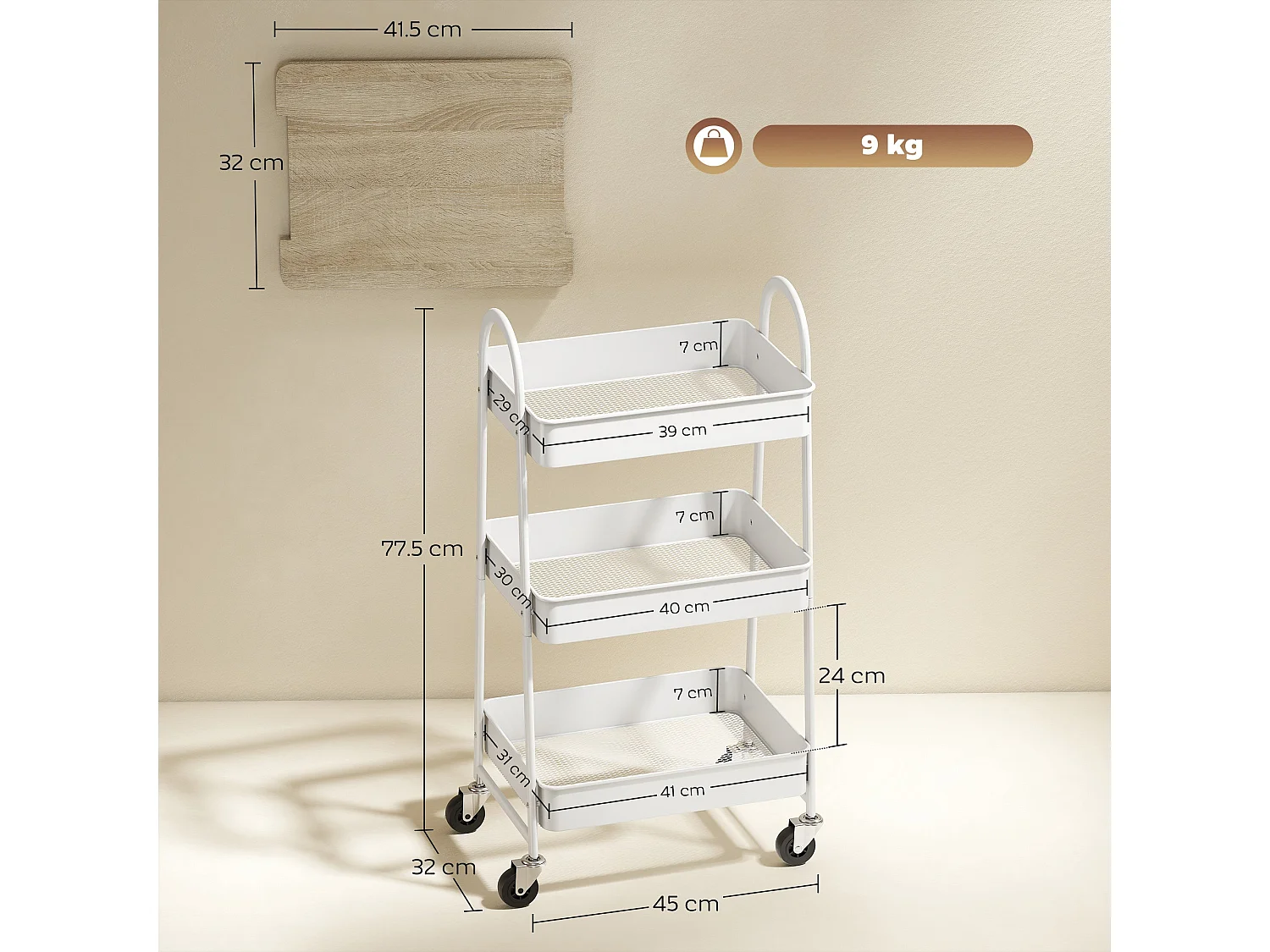 Satoro 3 Tier Rolling Trolley White Metal Frame Oak Effect Top