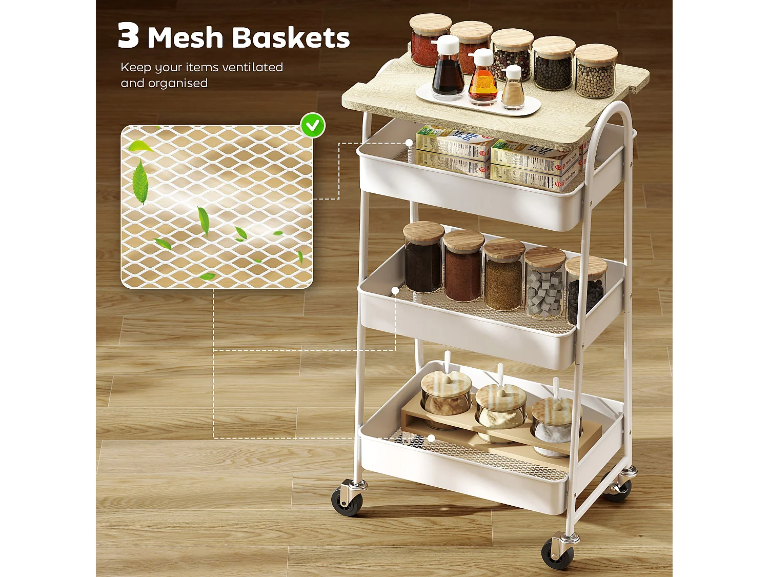 Satoro 3 Tier Rolling Trolley White Metal Frame Oak Effect Top