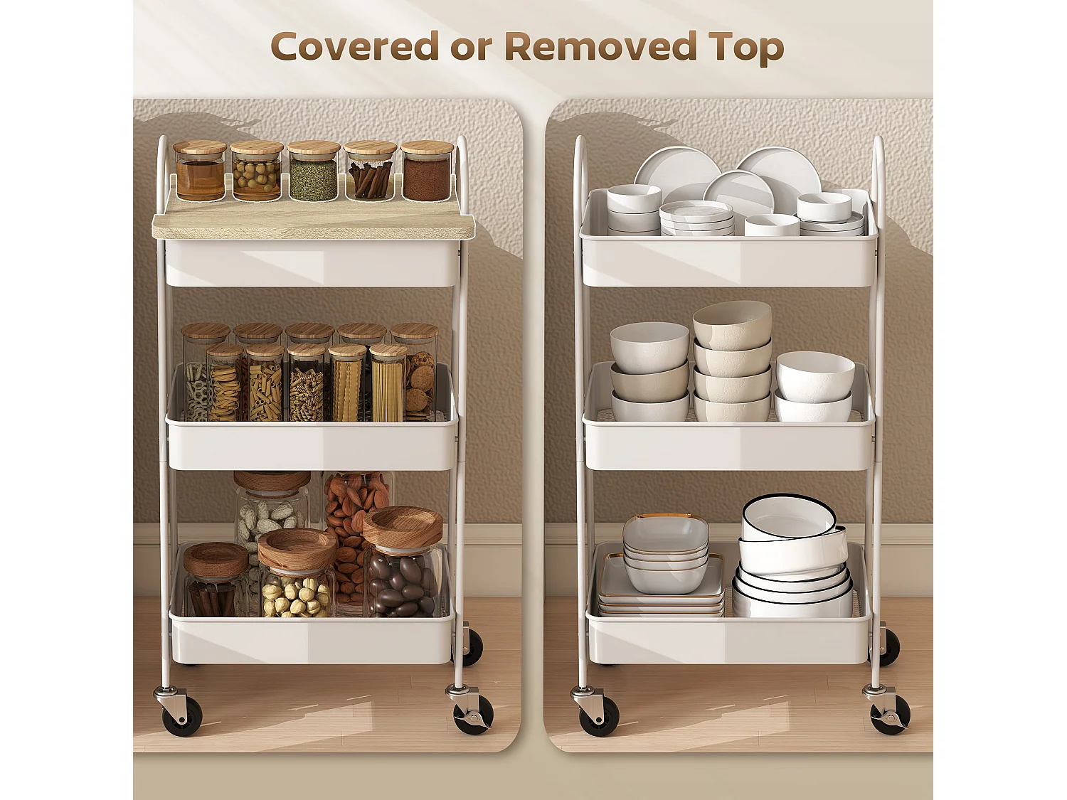 Satoro 3 Tier Rolling Trolley White Metal Frame Oak Effect Top